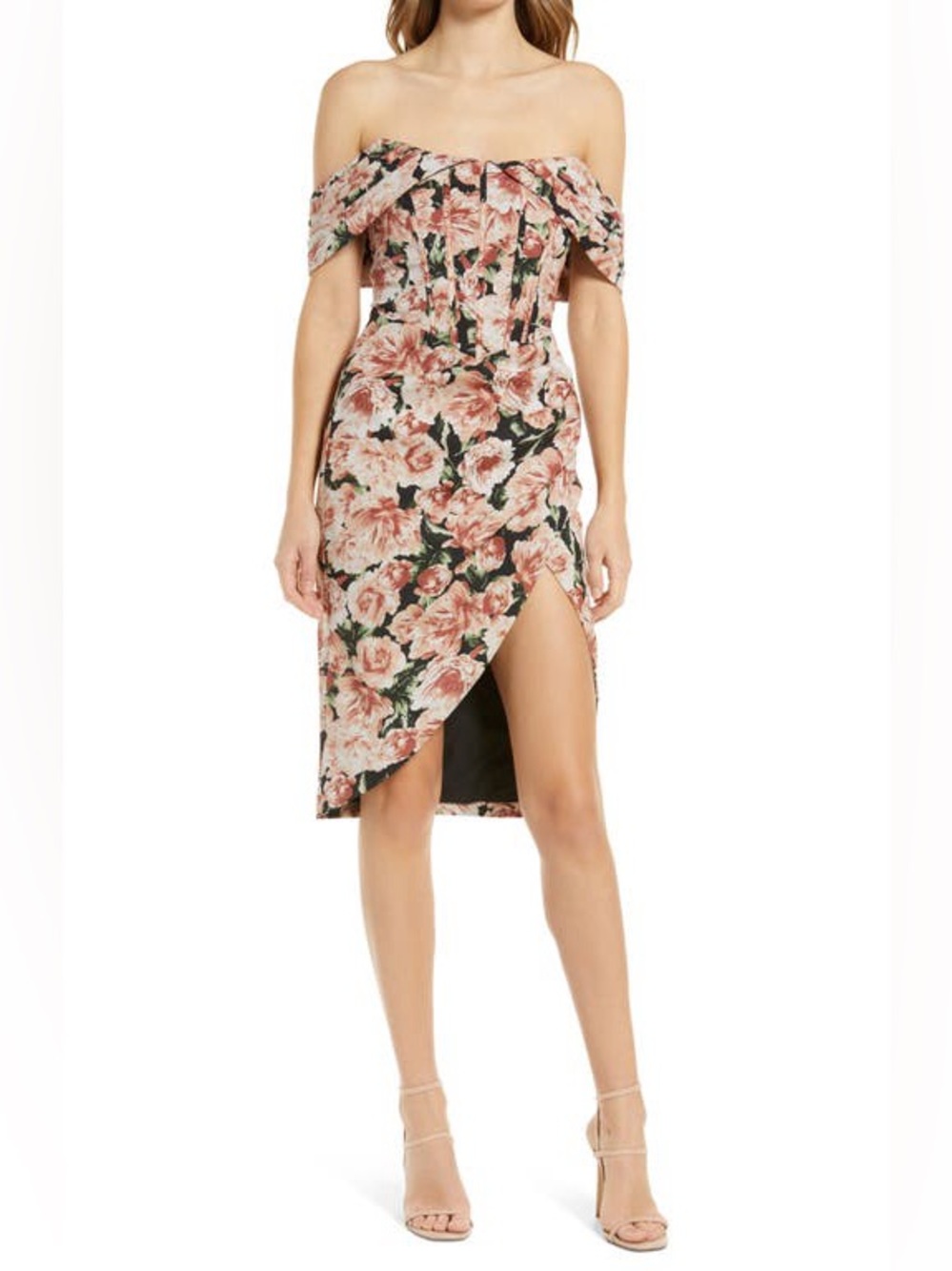Lavish Alice Floral Print Pleat Off the Shoulder Corset Dress Dark Floral US 12